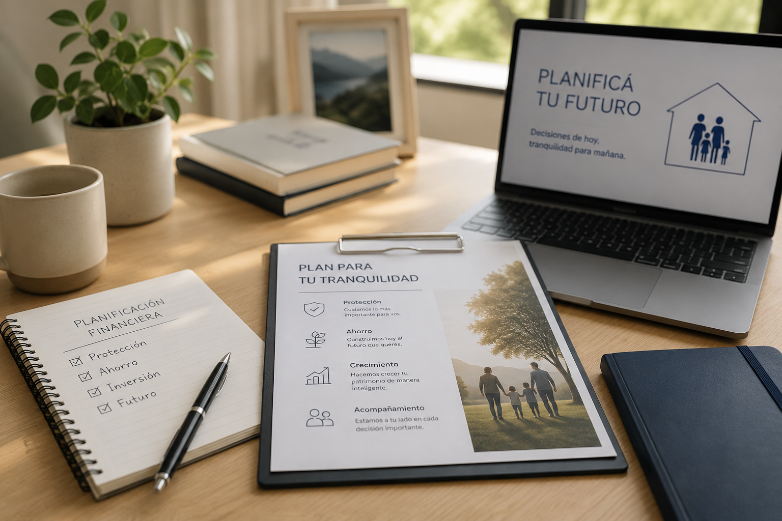 Material de planificación financiera en un escritorio con un mensaje de planificar tu futuro