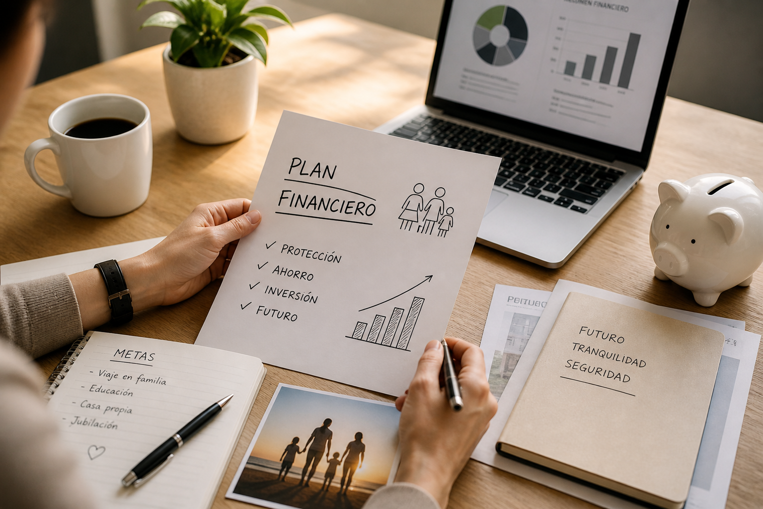 Persona organizando un plan financiero con metas de futuro en una oficina